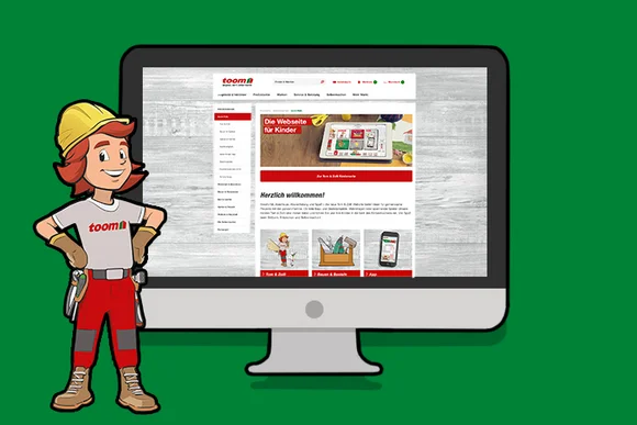 Die Bauarbeiter Comic-Figur Tom Person präsentiert die toom Webseite